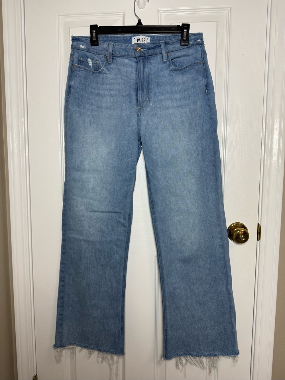 PAIGE Leenah Ankle High Rise Wide Leg Jeans Light Wash Raw Hem 30
